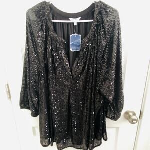 Crown & Ivy Sequin Top Women's 4X Black Peasant Tunic Goth Whimsigoth Party NWT